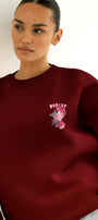 Kadın Oversize Sweatshirt Piglet Hugs Baskılı Bordo – Bisiklet Yaka, 3 İplik Şardonlu Polar