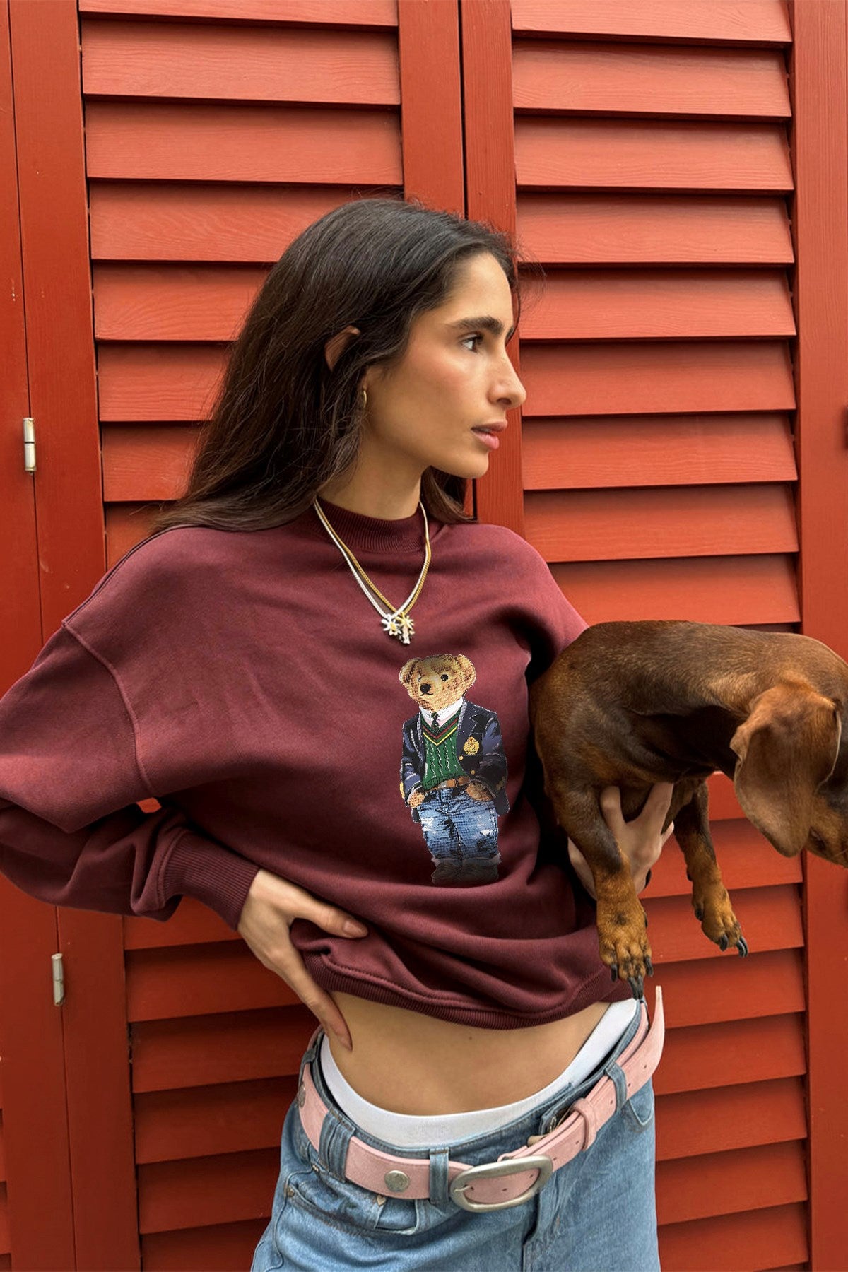 Kadın Oversize Sweatshirt Ivy Bear Baskılı Bordo – Bisiklet Yaka, 3 İplik Şardonlu