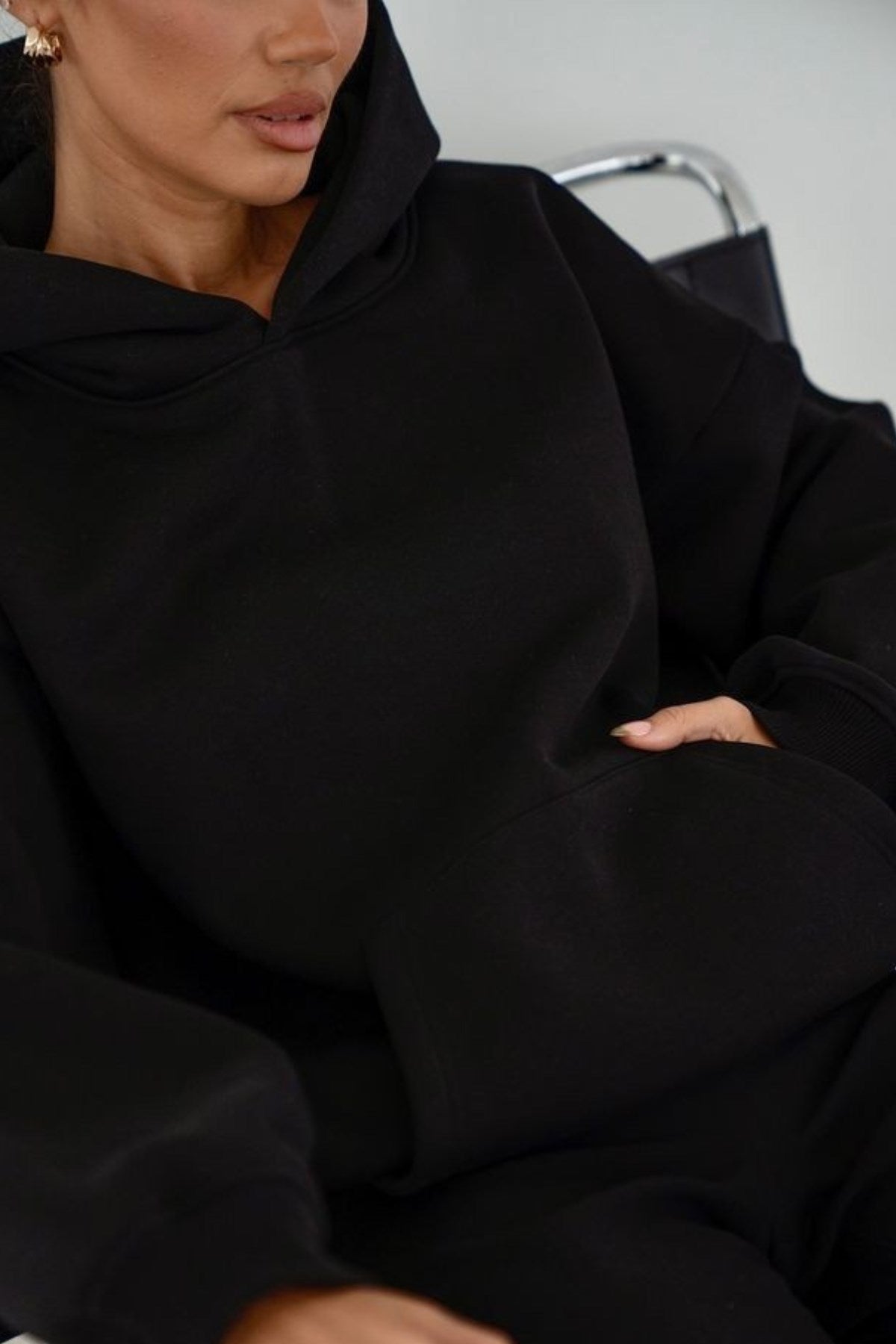 Kadın Oversize Sweatshirt Hoodie Ring Spirit Black Siyah – Kapüşonlu, 3 İplik Polar, Kanguru Cepli