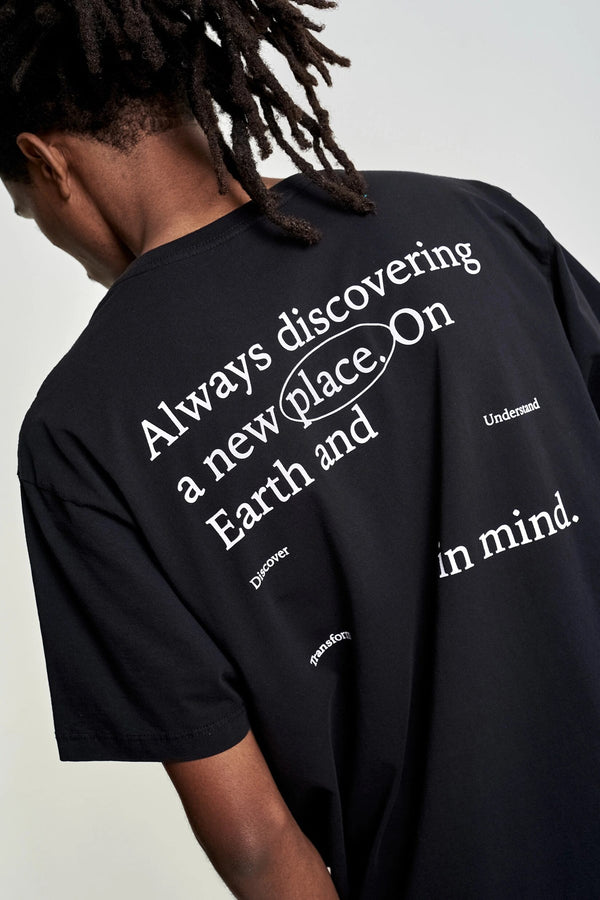 Bisiklet Yaka Discovery Baskılı Siyah Oversize Erkek T-shirt