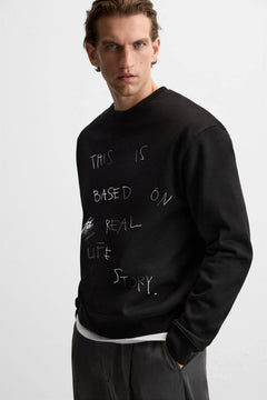 Erkek Bisiklet Yaka İçi Polar Life Story Yazı Baskılı Füme Oversize Sweatshirt