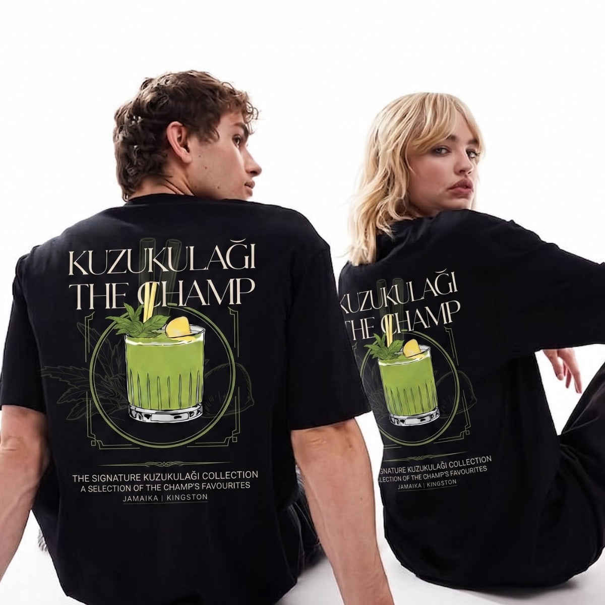 Unisex Oversize Tişört Kuzukulağı The Champ Baskılı Siyah – Bisiklet Yaka, Rahat Kalıp, %100 Pamuk