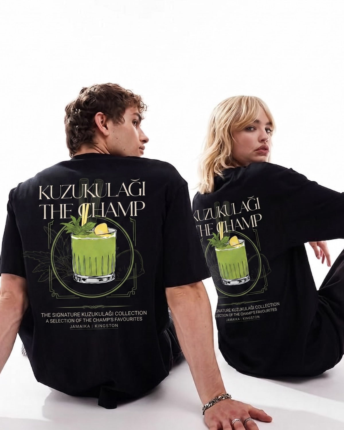 Unisex Oversize Tişört Kuzukulağı The Champ Baskılı Siyah – Bisiklet Yaka, Rahat Kalıp, %100 Pamuk
