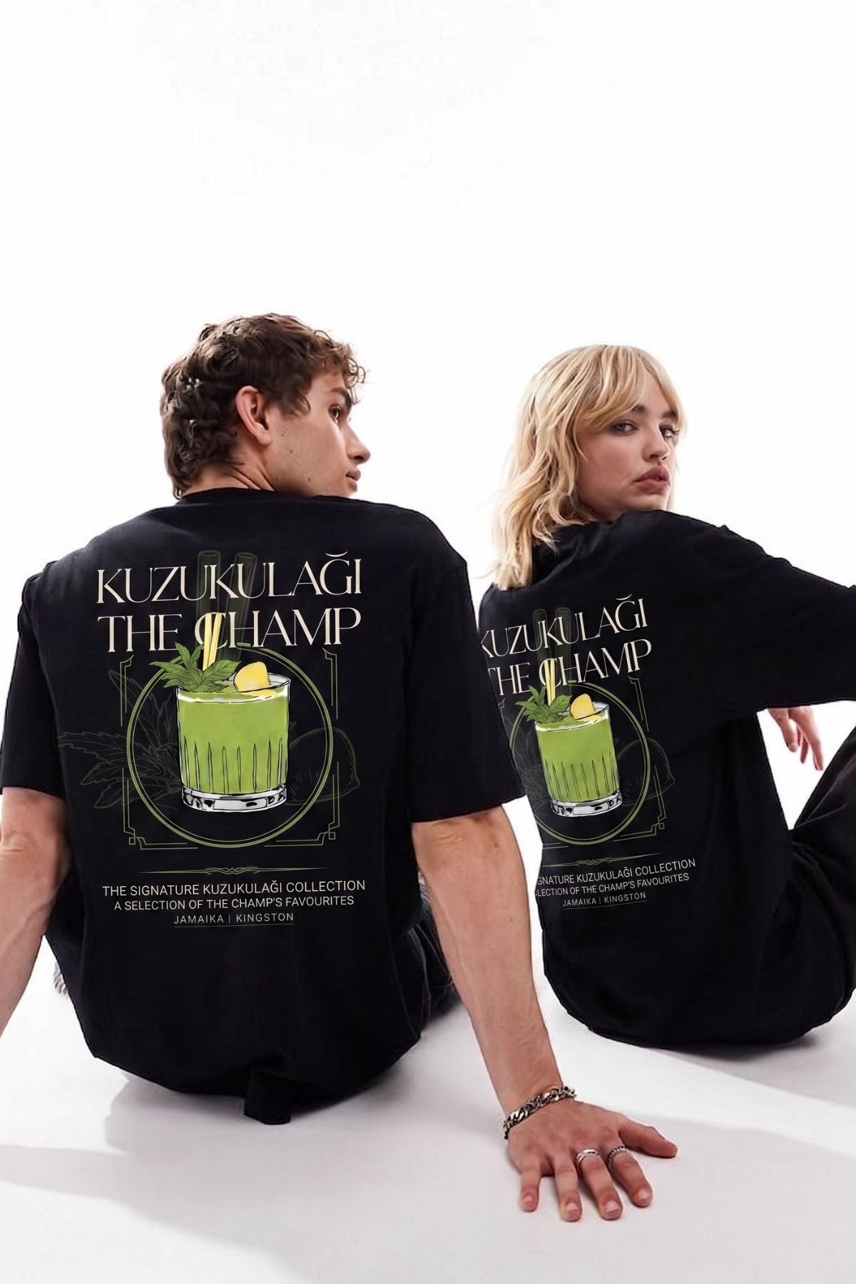Unisex Oversize Tişört Kuzukulağı The Champ Baskılı Siyah – Bisiklet Yaka, Rahat Kalıp, %100 Pamuk