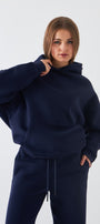 Oversize Unisex Sweatshirt Hoodie Lacivert – Kapüşonlu, 3 İplik Şardonlu Polar, Kanguru Cepli, Basic