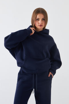 Oversize Unisex Sweatshirt Hoodie Lacivert – Kapüşonlu, 3 İplik Şardonlu Polar, Kanguru Cepli, Basic