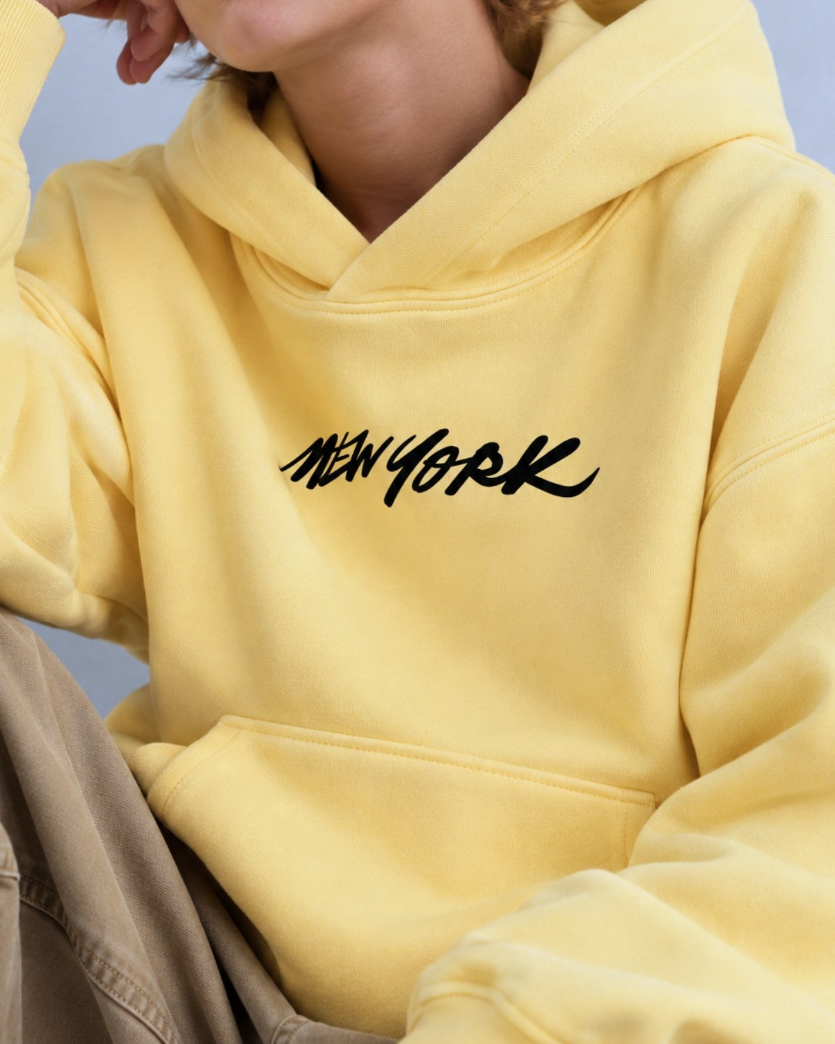 Erkek Çocuk Oversize Hoodie Sweatshirt DAY IN NYC Baskılı Sarı – Kapüşonlu, Cepli, 3 İplik Polar