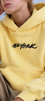 Erkek Çocuk Oversize Hoodie Sweatshirt DAY IN NYC Baskılı Sarı – Kapüşonlu, Cepli, 3 İplik Polar