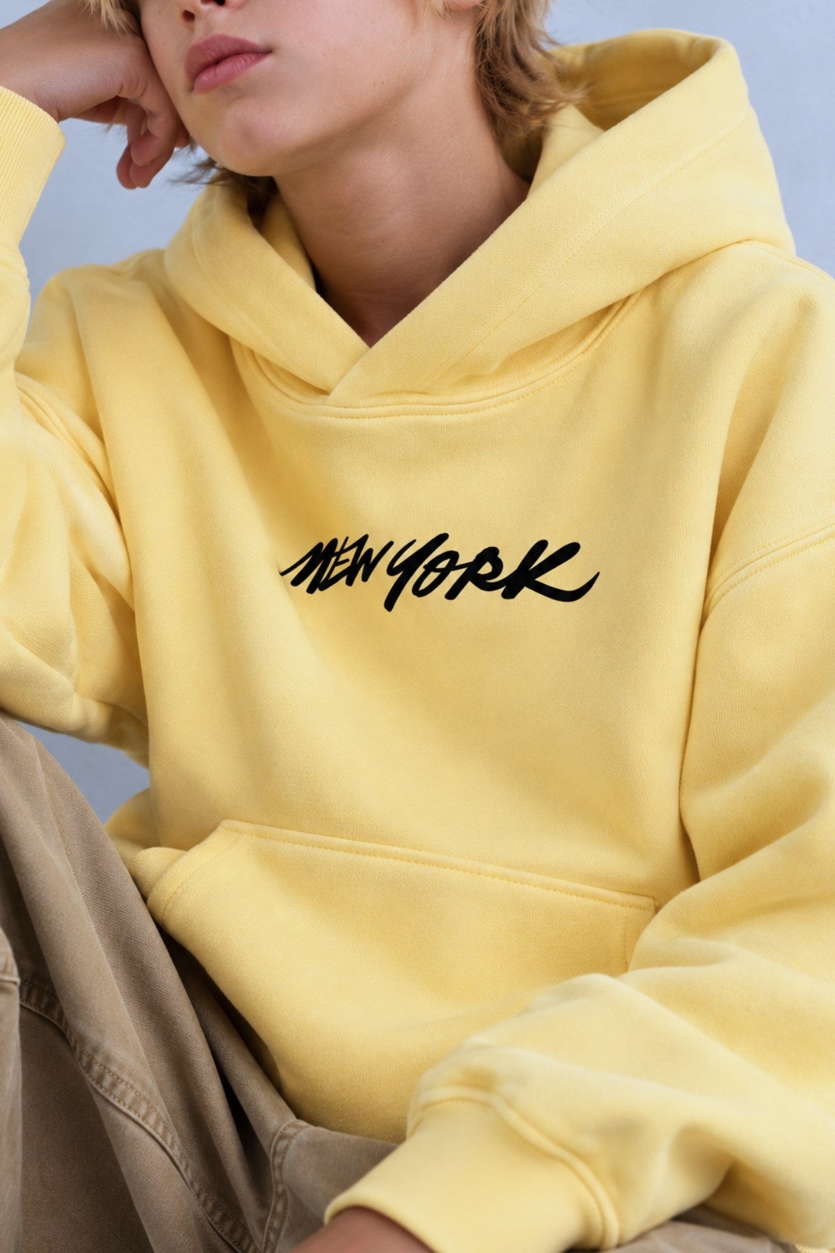 Erkek Çocuk Oversize Hoodie Sweatshirt DAY IN NYC Baskılı Sarı – Kapüşonlu, Cepli, 3 İplik Polar