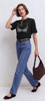 Kadın Double Oversize Lingerie Sketch Blue Baskılı Siyah – Bisiklet Yaka, Rahat Kalıp, %100 Pamuk