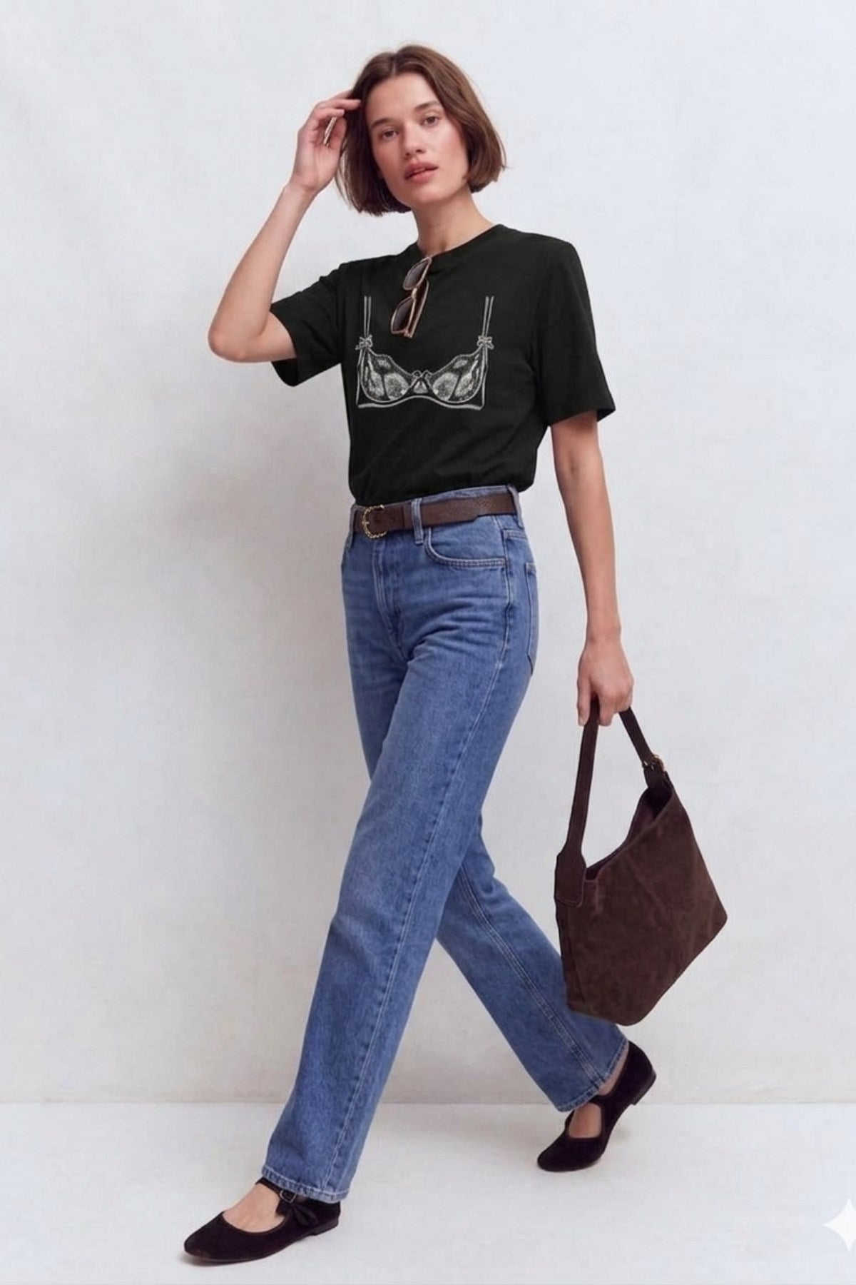 Kadın Double Oversize Lingerie Sketch Blue Baskılı Siyah – Bisiklet Yaka, Rahat Kalıp, %100 Pamuk