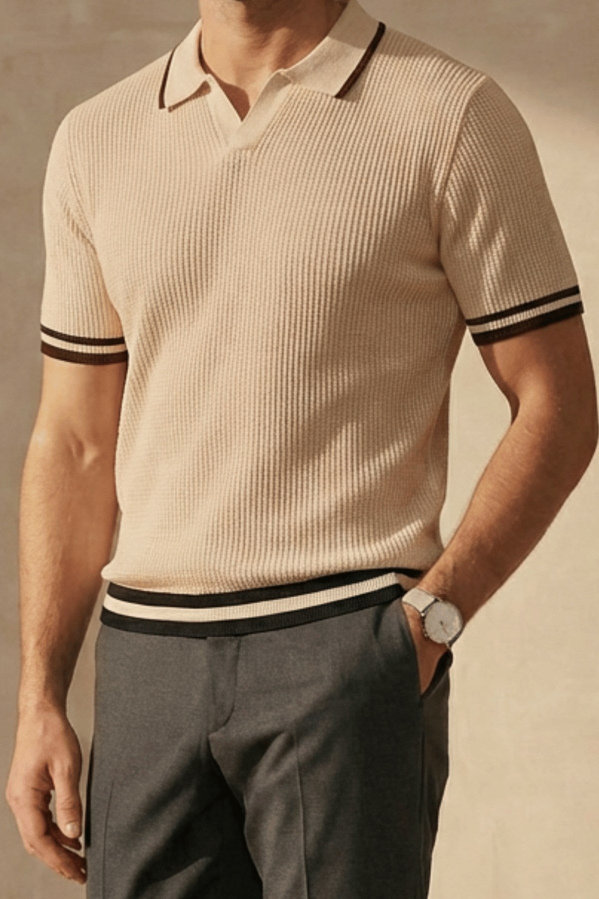 Erkek Fitilli Triko Polo Yaka Tişört Bej - Polo Çizgili Yaka, Fit, Yazlık, Örme