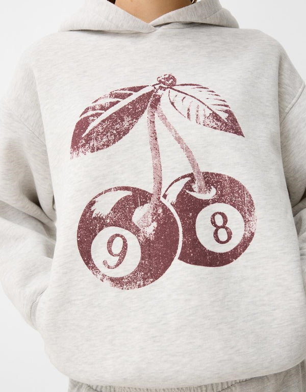 Gri  Unisex 98 Cherries Baskılı Main Charactery Enegy Only Yazılı Kapüşonlu Oversize Hoodie