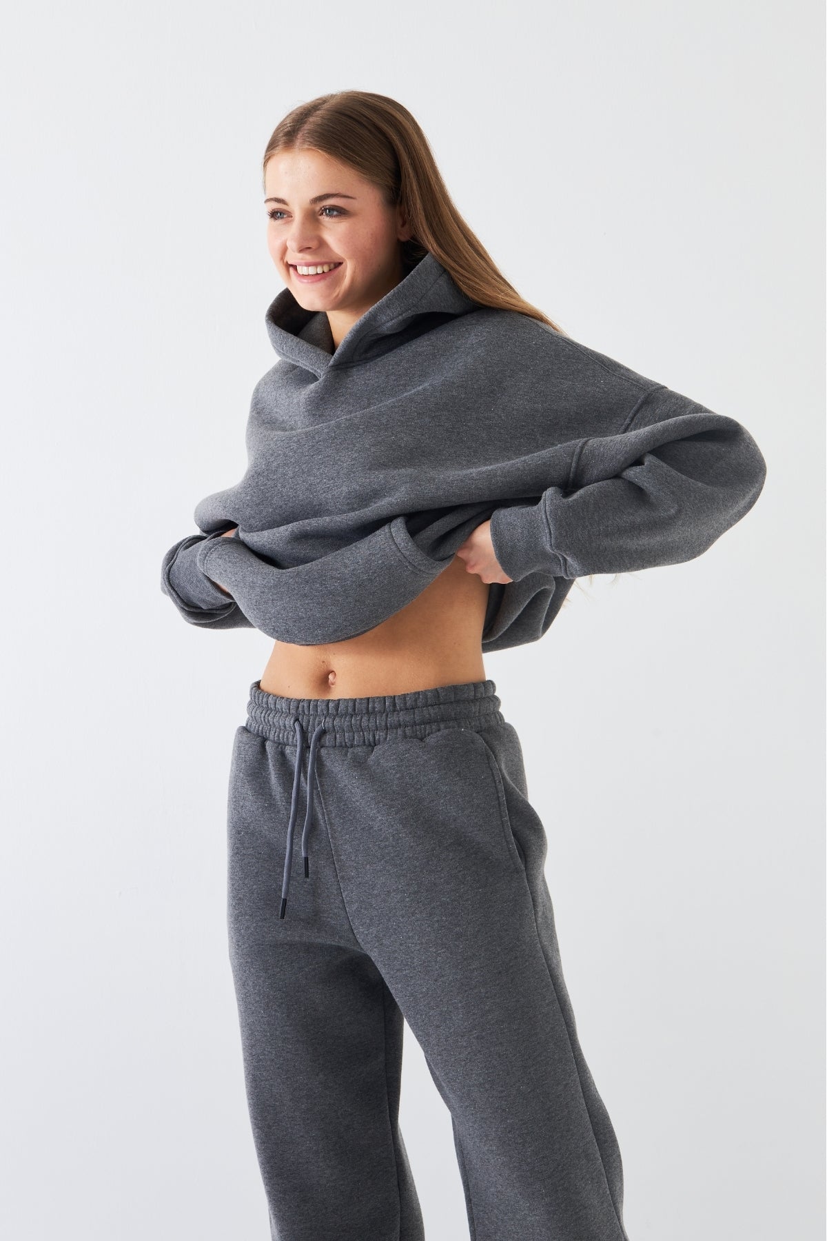 Oversize Unisex Eşofman Takımı Füme Melanj – Basic, 3 İplik Polar; Kapüşonlu Üst, Lastikli Alt