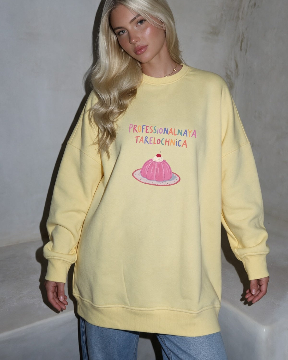 Kadın Oversize Sweatshirt Elbise Sweet Mood Baskılı Sarı – Bisiklet Yaka, 3 İplik Şardonlu Polar
