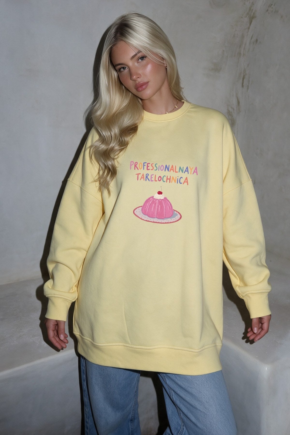Kadın Oversize Sweatshirt Elbise Sweet Mood Baskılı Sarı – Bisiklet Yaka, 3 İplik Şardonlu Polar