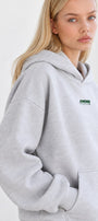 Kadın Oversize Hoodie Amore Baskılı Gri Melanj – Kapüşonlu, Kanguru Cepli, 3 İplik Şardonlu Polar