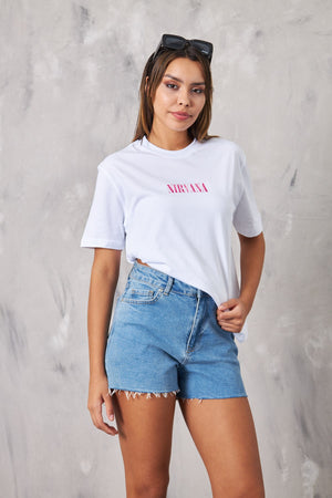 The Champ Nirvana Yazılı Melek Tasarım Baskılı Oversize Beyaz Kadın T-Shirt 