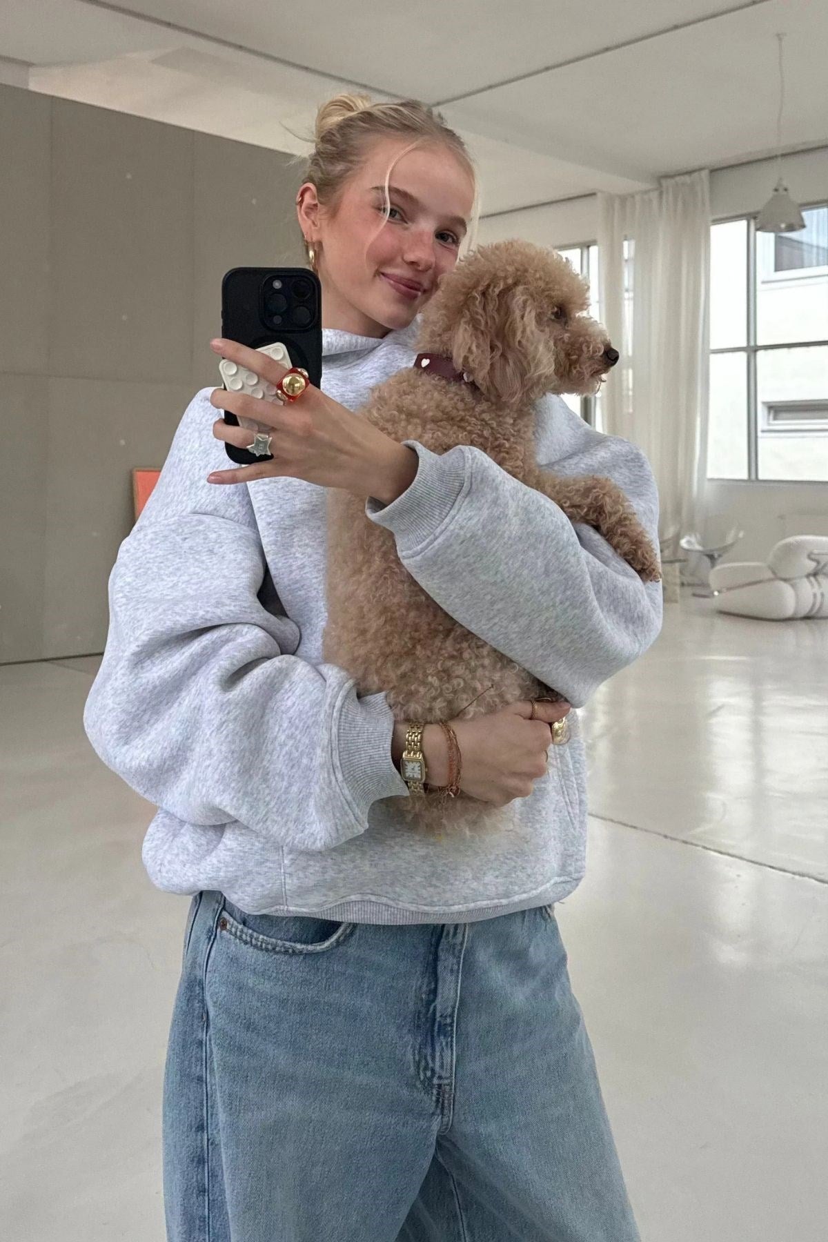 Kadın Oversize Sweatshirt Hoodie CHMP STUDIOS Gri – Kapüşonlu, 3 İplik Polar, Kanguru Cepli