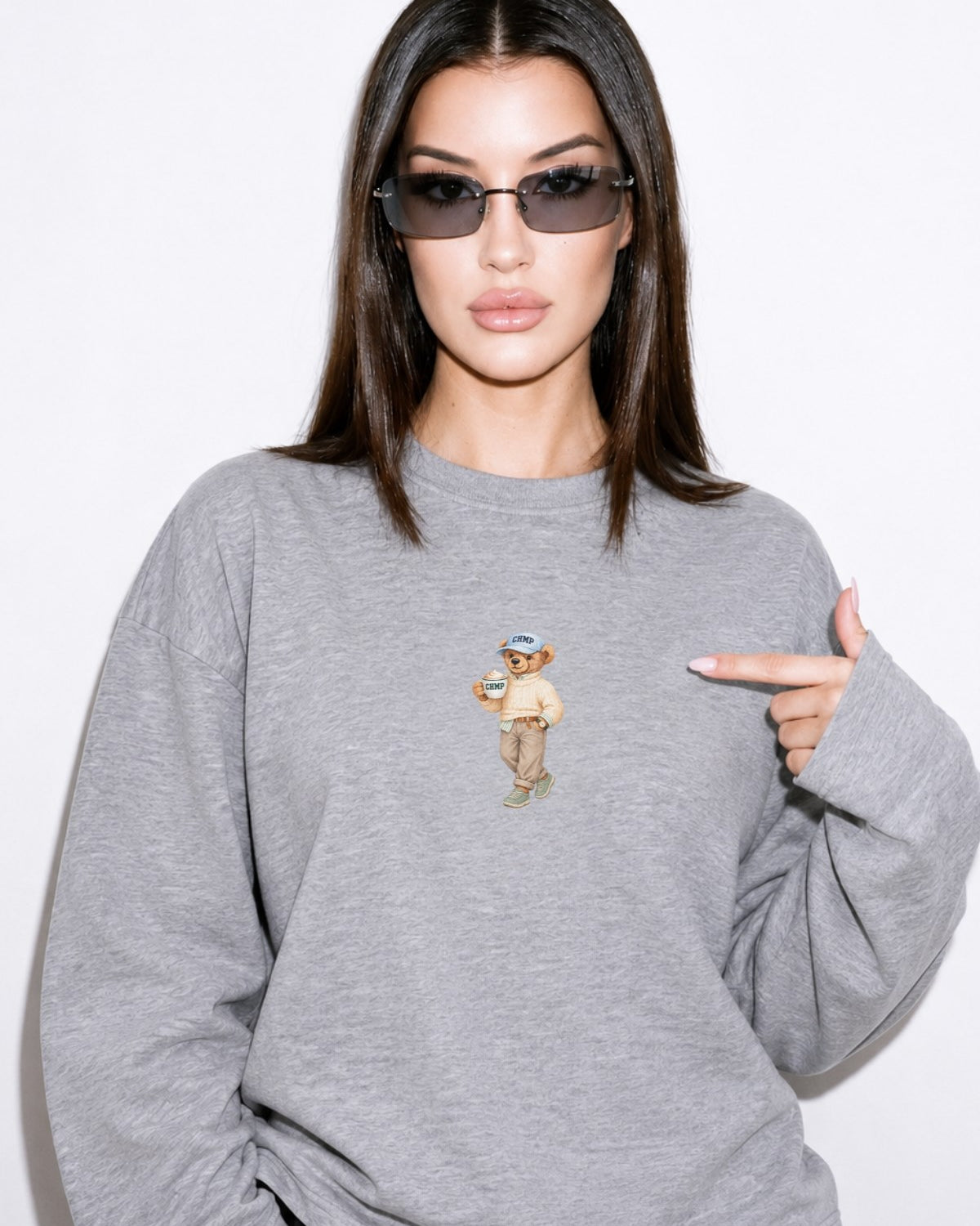 Kadın Relaxed Fit Sweatshirt Coffee Bear Baskılı Gri Melanj – Bisiklet Yaka, 3 İplik Şardonsuz
