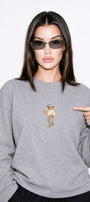 Kadın Relaxed Fit Sweatshirt Coffee Bear Baskılı Gri Melanj – Bisiklet Yaka, 3 İplik Şardonsuz
