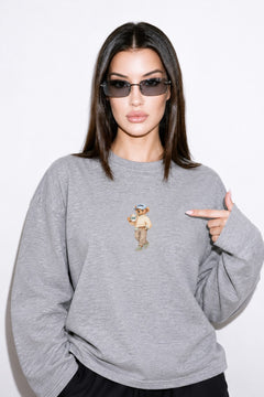 Kadın Relaxed Fit Sweatshirt Coffee Bear Baskılı Gri Melanj – Bisiklet Yaka, 3 İplik Şardonsuz
