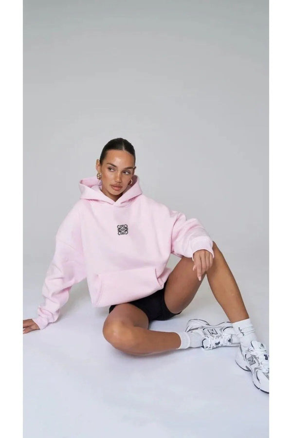 Pembe Unisex Loewe Yüksek Baskılı Kapüşonlu Kanguru Cepli Oversize Hoodie