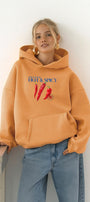 Kadın Oversize Sweatshirt Hoodie Hot & Spicy Baskılı Turuncu – Kapüşonlu, 3 İplik Şardonlu Polar