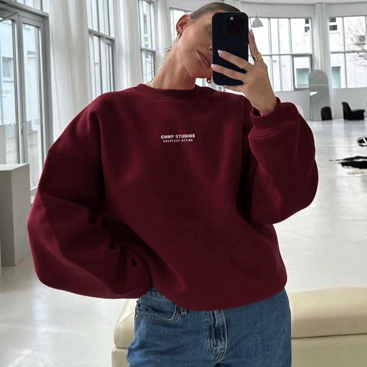Kadın Oversize Sweatshirt CHMP STUDIOS Bordo – Bisiklet Yaka, 3 İplik Şardounlu Polar
