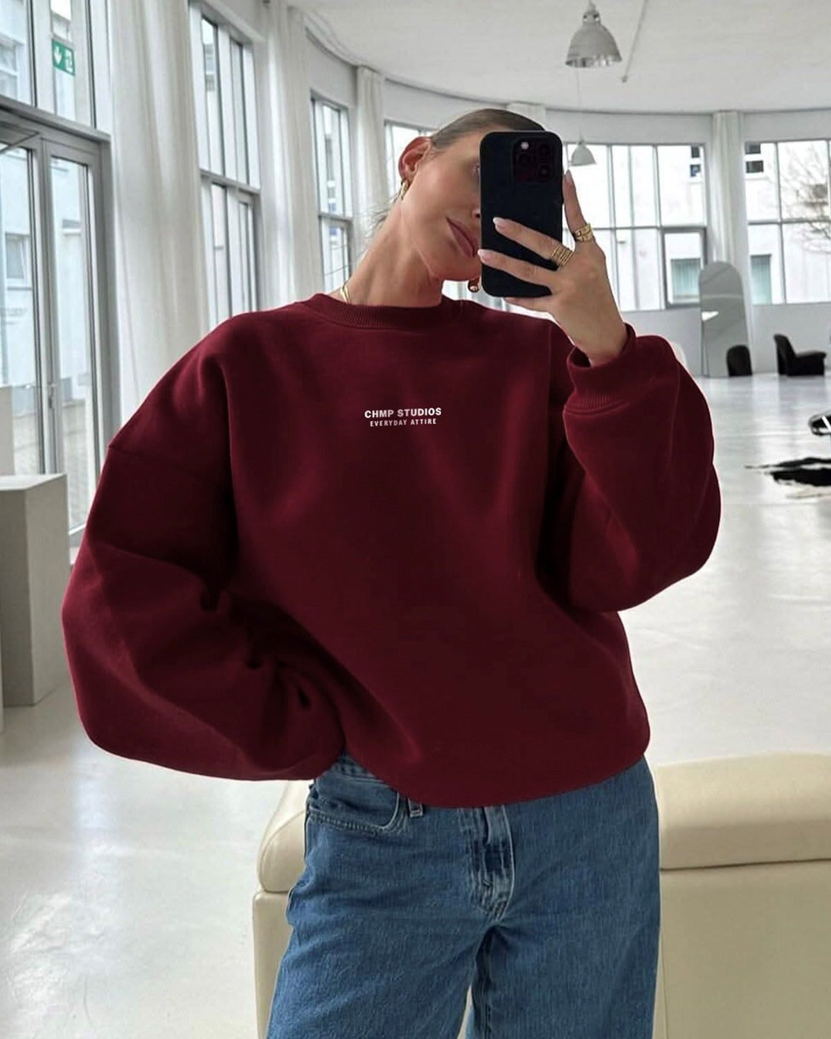 Kadın Oversize Sweatshirt CHMP STUDIOS Bordo – Bisiklet Yaka, 3 İplik Şardounlu Polar