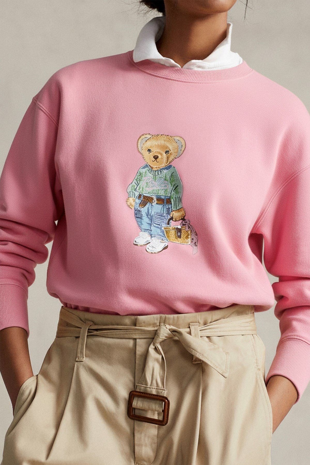 Kadın Oversize Sweatshirt Weekend Bear Baskılı Pembe – Bisiklet Yaka, 3 İplik Şardonlu