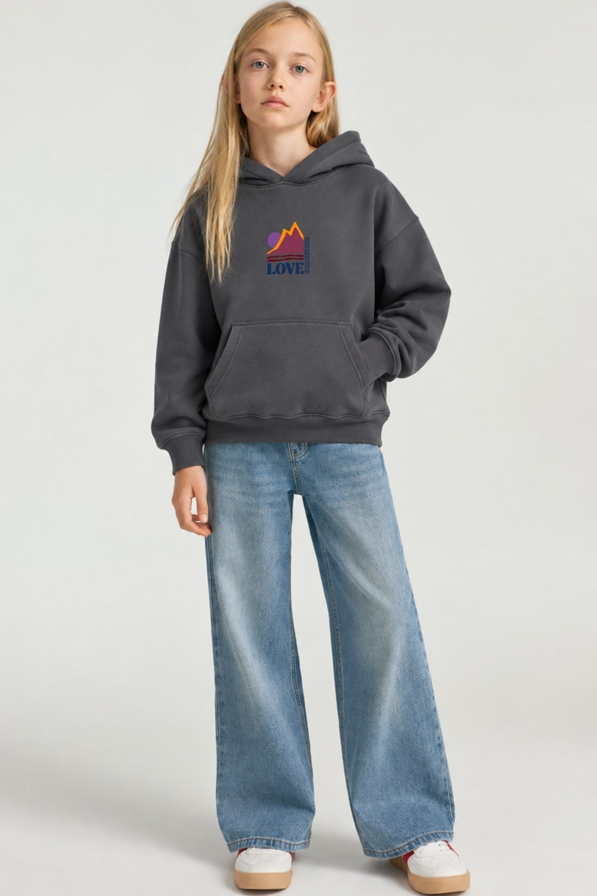 Kız Çocuk Oversize Hoodie Love Mount Baskılı Füme – Kapüşonlu, Cepli, 3 İplik Polar