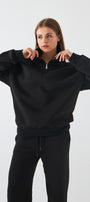 Unisex Oversize Sweatshirt Basic Siyah – Yarım Fermuar Dik Yaka, 3 İplik Şardonlu Polar