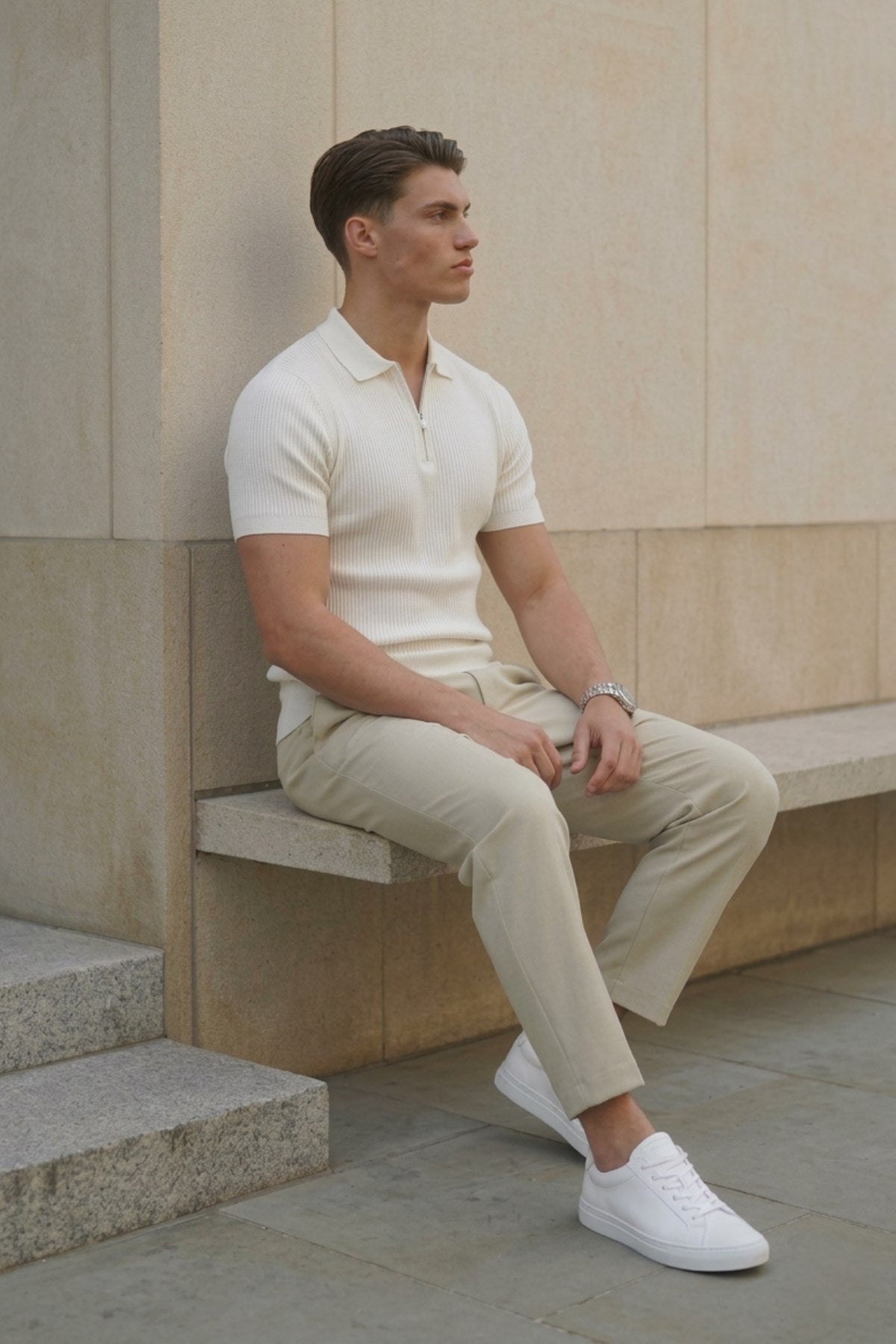 Erkek Dokulu Fitilli Triko Tişört Beyaz - Polo Yaka, Yarım Fermuar, Fit, Yazlık, Örme 