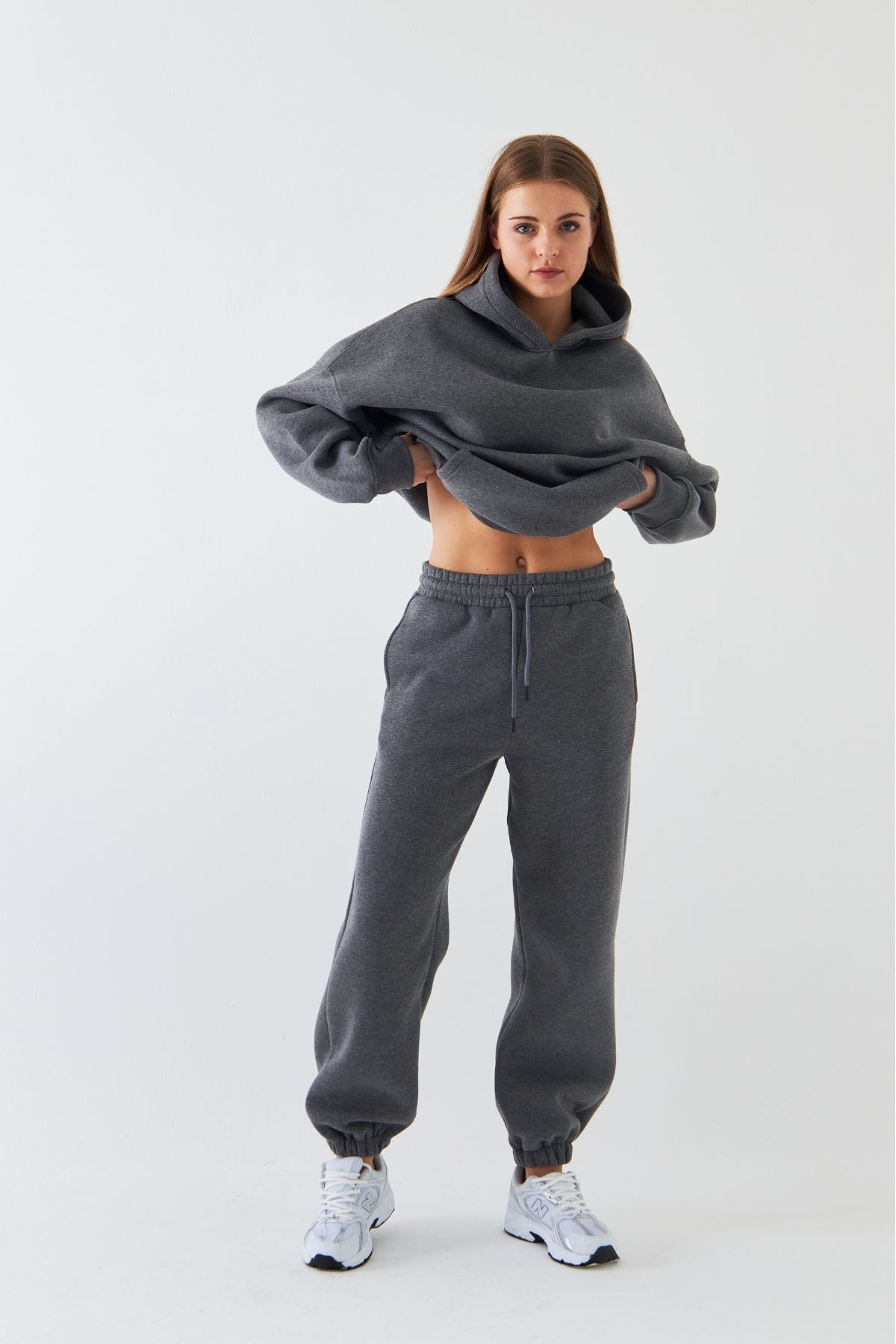 Oversize Unisex Eşofman Takımı Füme Melanj – Basic, 3 İplik Polar; Kapüşonlu Üst, Lastikli Alt