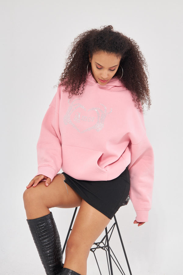 Amor Yazılı Taş Baskılı Kapüşonlu İçi Polar Oversize Pembe Sweatshirt