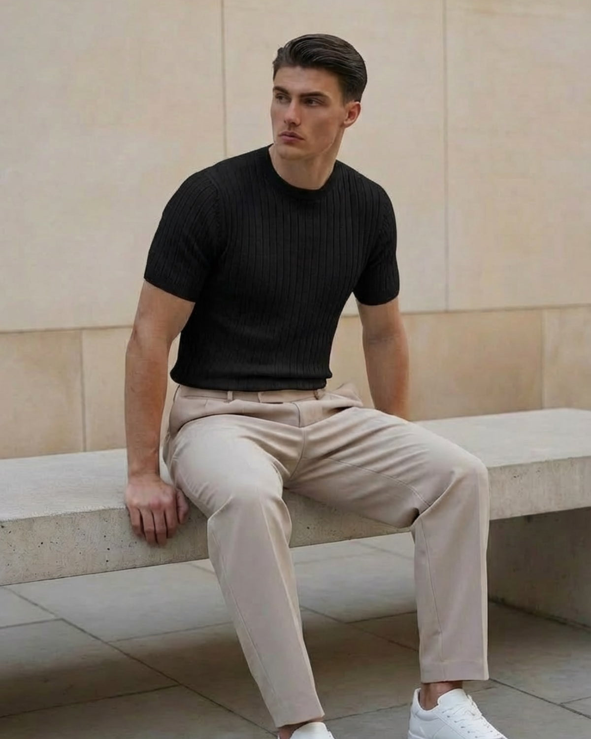 Erkek Dokulu Fitilli Triko Tişört Siyah - Bisiklet Yaka, Fit, Yazlık, Örme