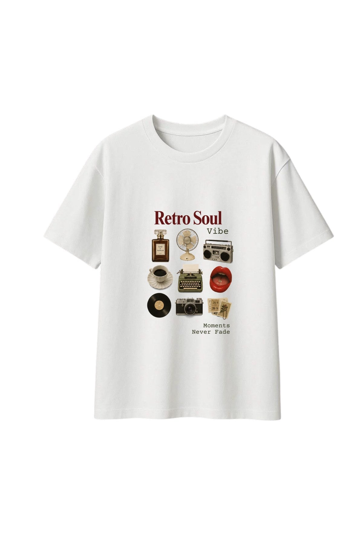 Kadın Oversize Tişört Retro Soul Vibe Baskılı Beyaz – Bisiklet Yaka, Rahat Kalıp, %100 Pamuk