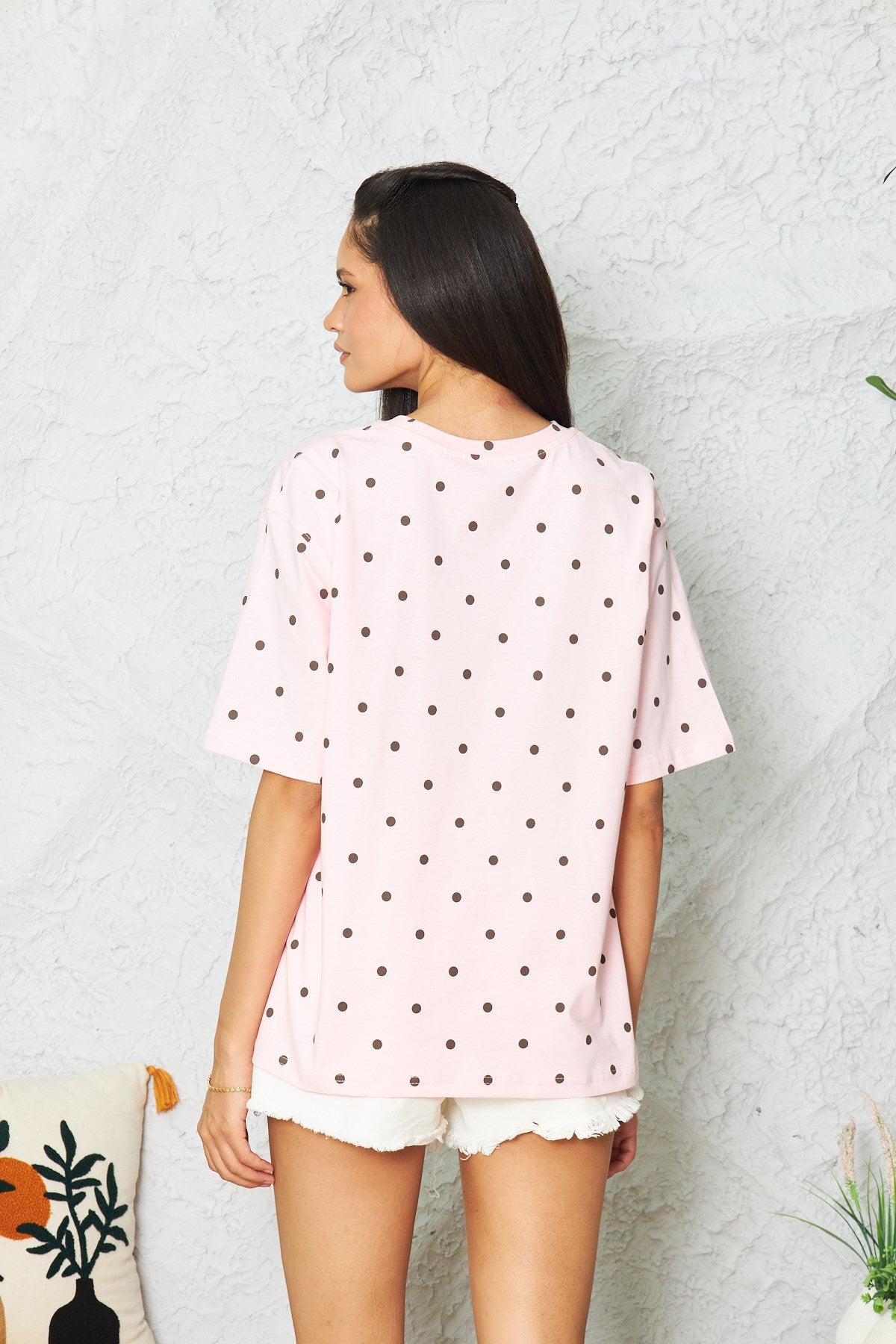 Kadın Oversize Tişört Polka Muse Puantiyeli Pembe – Bisiklet Yaka, Rahat Kalıp, %100 Pamuk