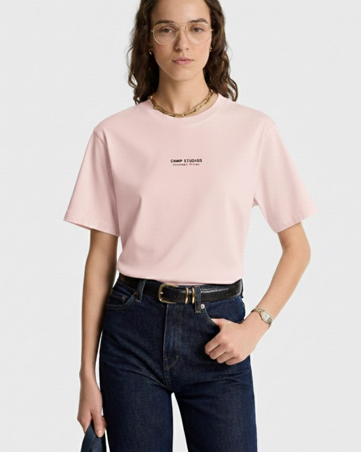 Kadın Oversize Tişört CHMP STUDIOS Baskılı Pembe – Bisiklet Yaka, %100 Pamuk Compact Süprem 24/1