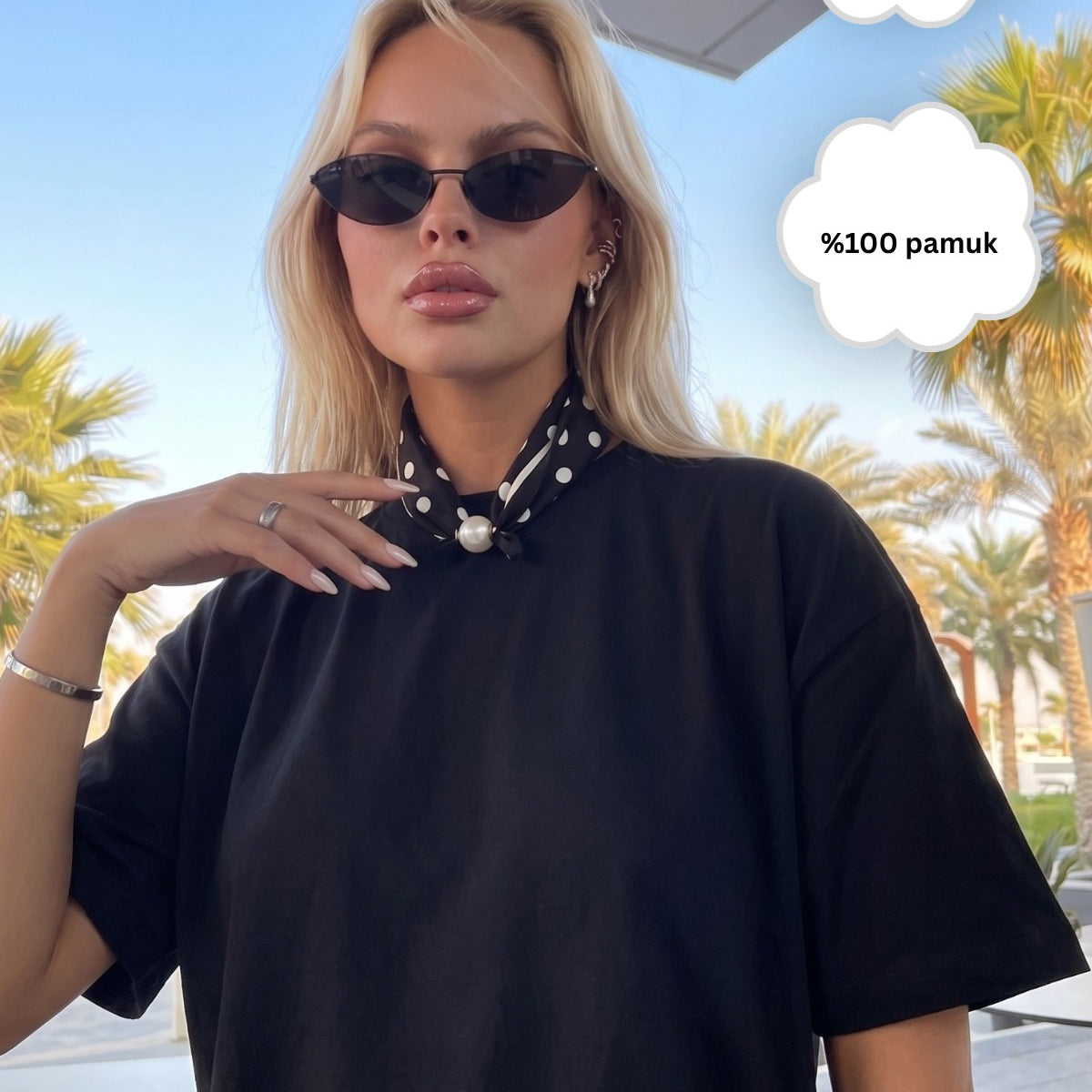 Kadın Oversize Tişört Noir Dot Mıknatıslı Fular Aksesuarlı Siyah – Rahat Kalıp, %100 Pamuk