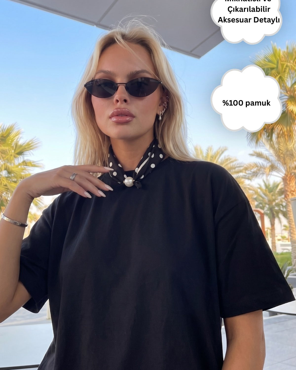 Kadın Oversize Tişört Noir Dot Mıknatıslı Fular Aksesuarlı Siyah – Rahat Kalıp, %100 Pamuk