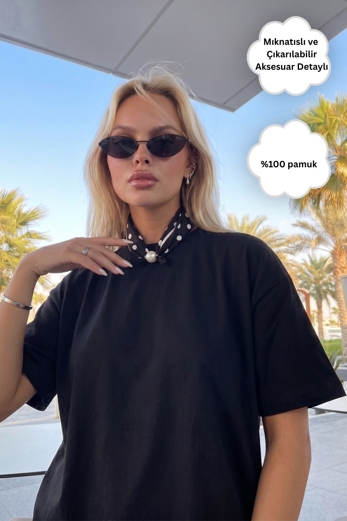 Kadın Oversize Tişört Noir Dot Mıknatıslı Fular Aksesuarlı Siyah – Rahat Kalıp, %100 Pamuk
