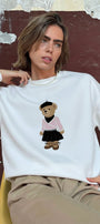 Kadın Oversize Sweatshirt Ballerina Bear Baskılı Beyaz – Bisiklet Yaka, 3 İplik Şardonlu Polar