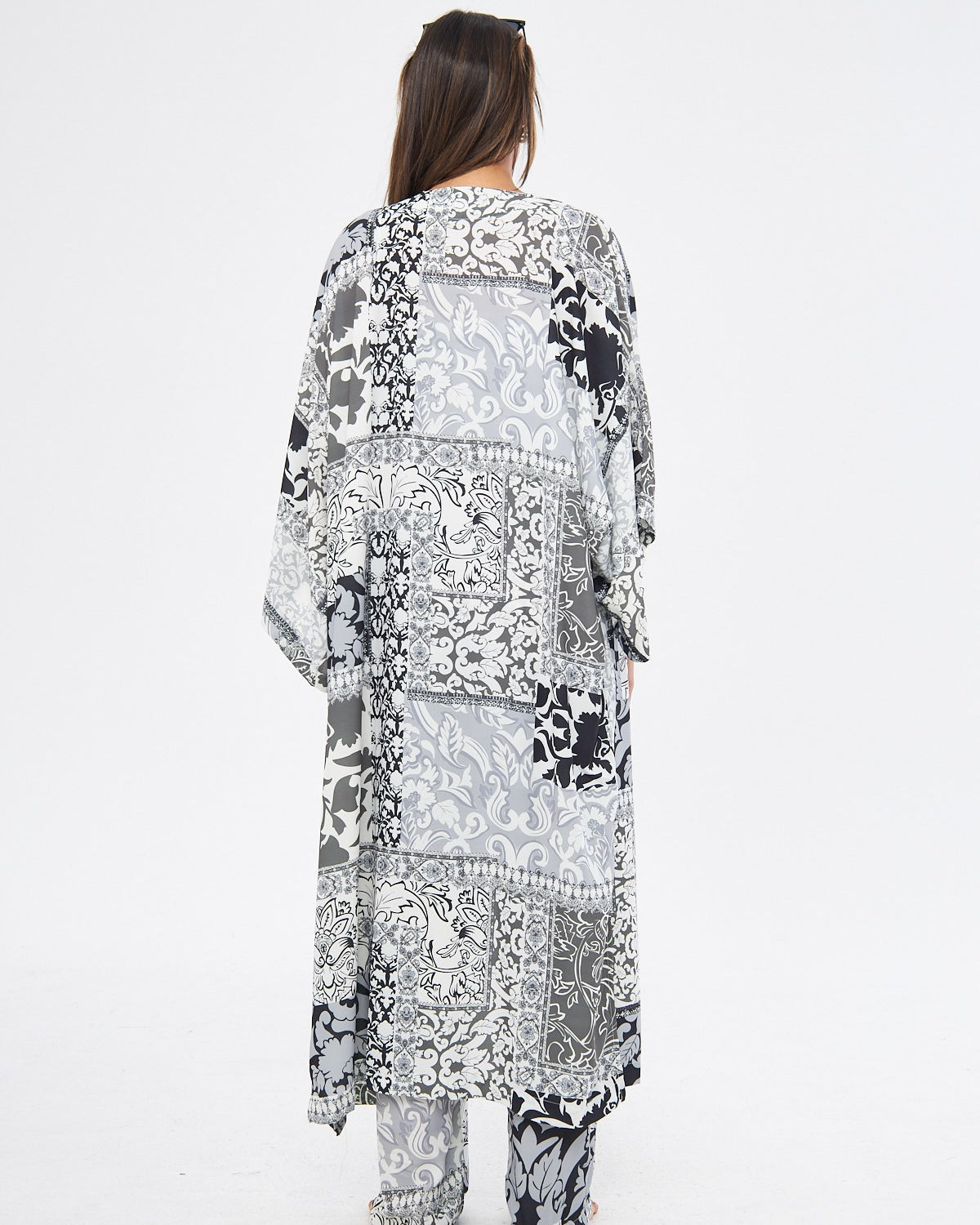 Kimono 3 Parça Büstiyerli Siyah Desenli Renk Alt-Üst Takım (Medine İpeği)