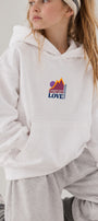 Kız Çocuk Oversize Hoodie Love Mount Baskılı Beyaz – Kapüşonlu, Cepli, 3 İplik Polar