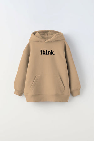 Kapüşonlu İçi Polar Satranç Think Baskılı Bej Unisex Çocuk Hoodie Sweatshirt