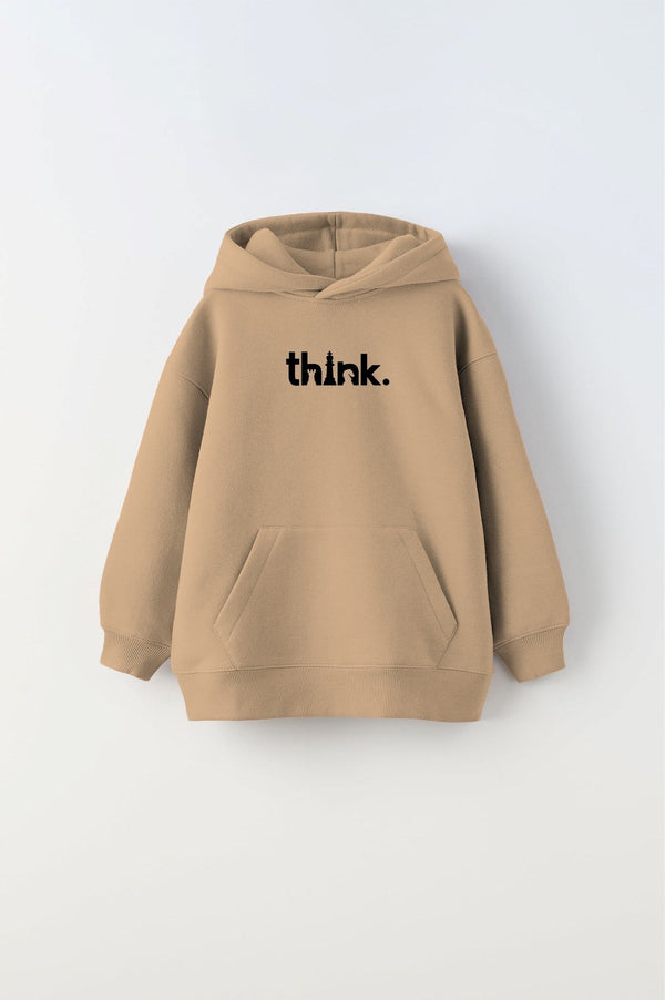 Kapüşonlu İçi Polar Satranç Think Baskılı Bej Unisex Çocuk Hoodie Sweatshirt