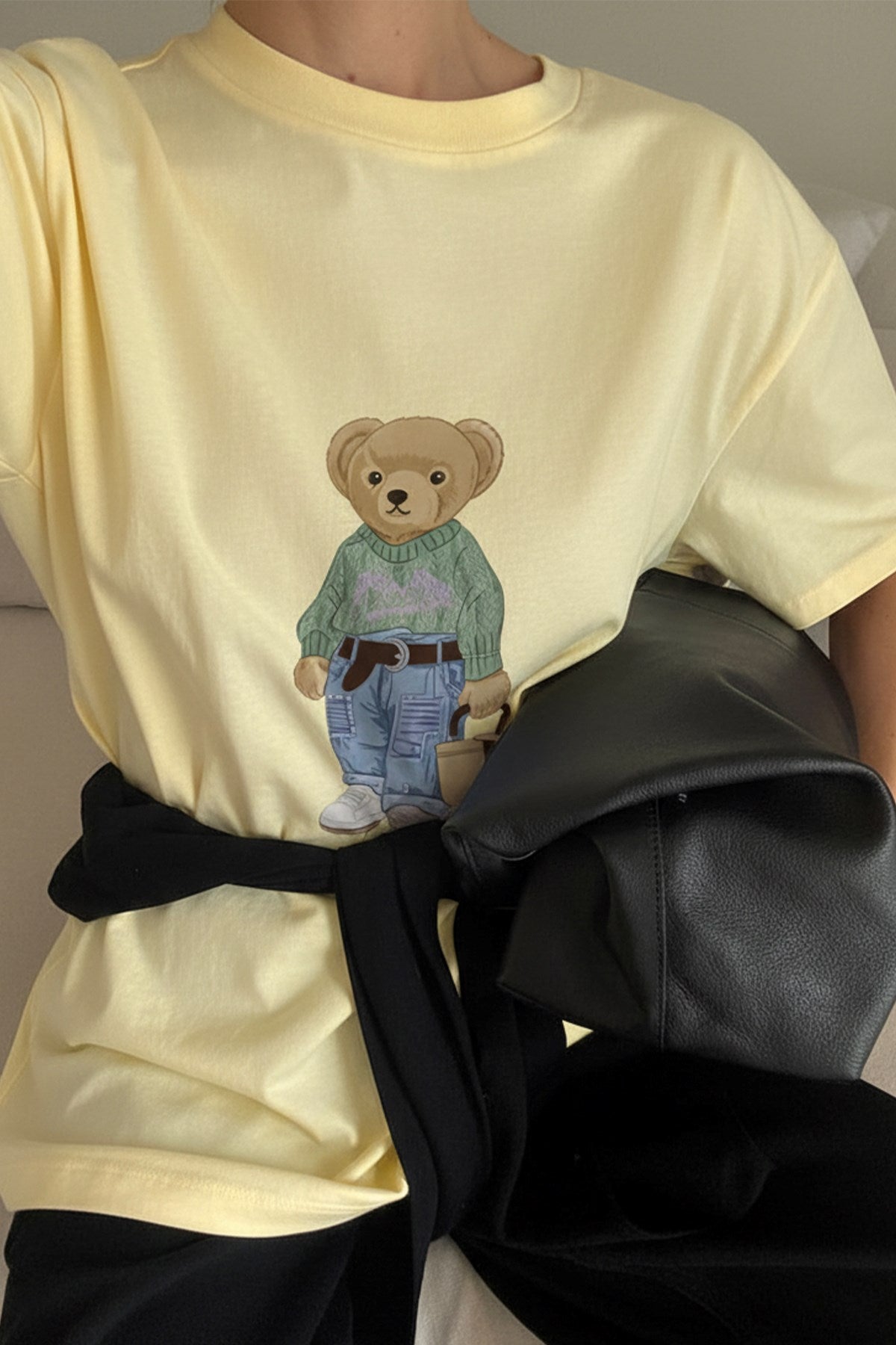 Kadın Oversize Tişört COZY Bear Baskılı Sarı – %100 Pamuk Compact Süprem 24/1