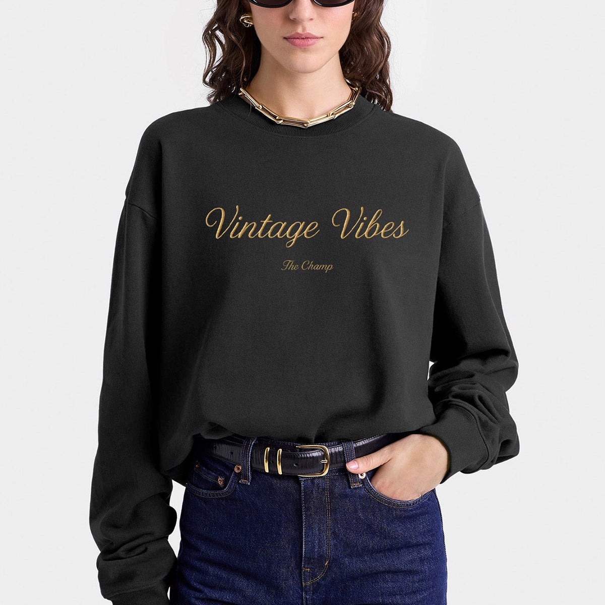 Kadın Oversize Sweatshirt Vintage Vibes Baskılı Füme Konsept – Bisiklet Yaka, 3 İplik Şardonlu Polar